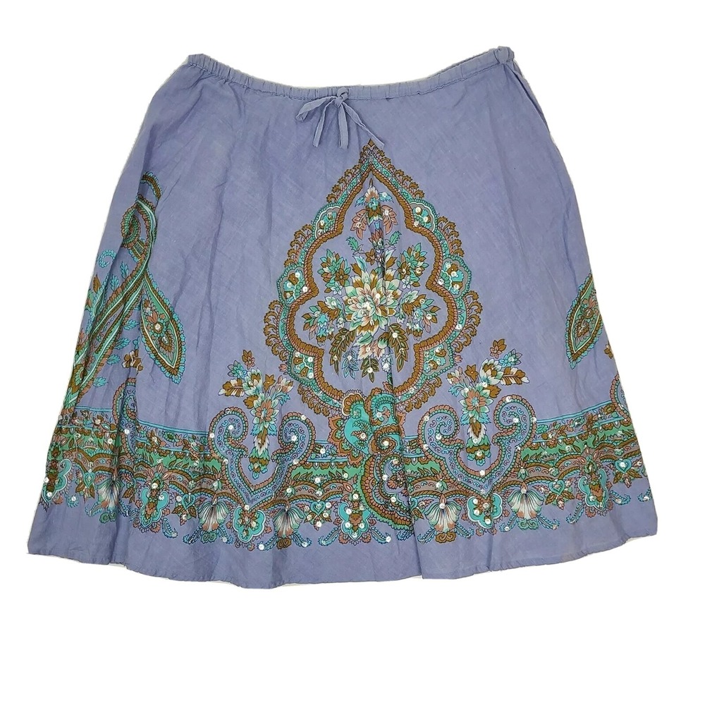 Kushi Skirt Womens Size 12 Blue Floral Sequin Drawstring Waist 100% Cotton